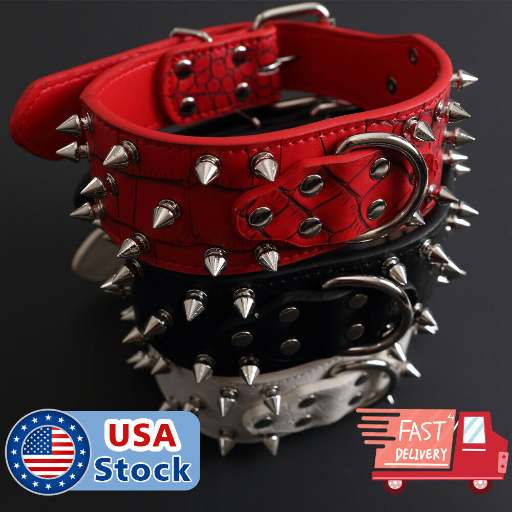 Spiked Studded Rivet Pu Leather Pit Bull Dog Collar Black L Xl For Large Breeds