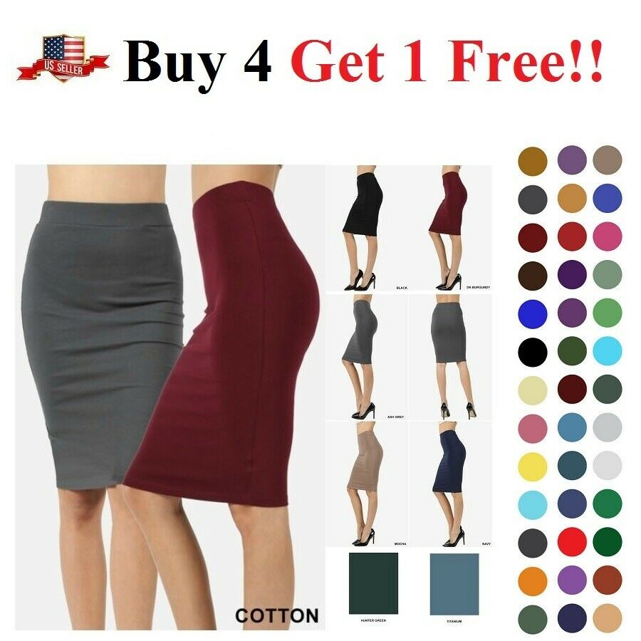 High Waisted Womens Pencil Office Skirt Cotton Stretch Knee Length Reg Plus S-3x