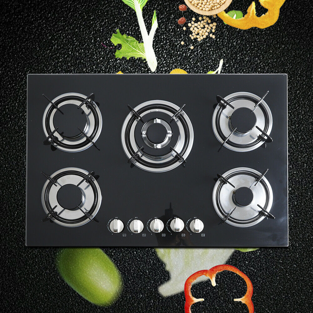 New 4/5 Burners Built-In NG LPG Gas Stove Cooktop with Black Tempered Glass USA